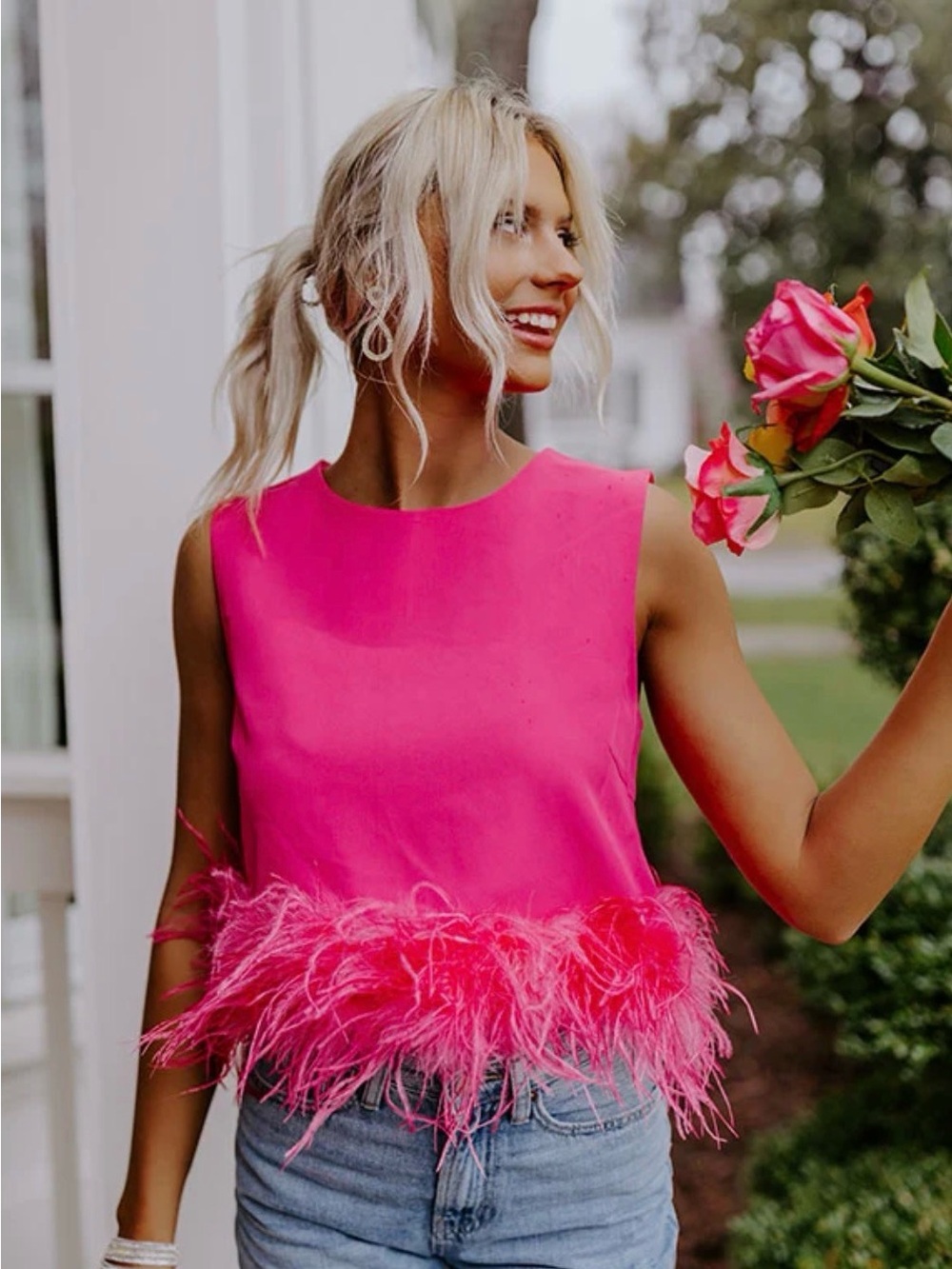 SHEIN Hot Pink Feather Trim Tank Top